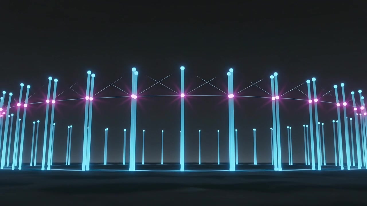 Reagerer på en startup-puls, stigende cirkulære cyan-søjler danner en magenta knudegitterkuppel over en slette.