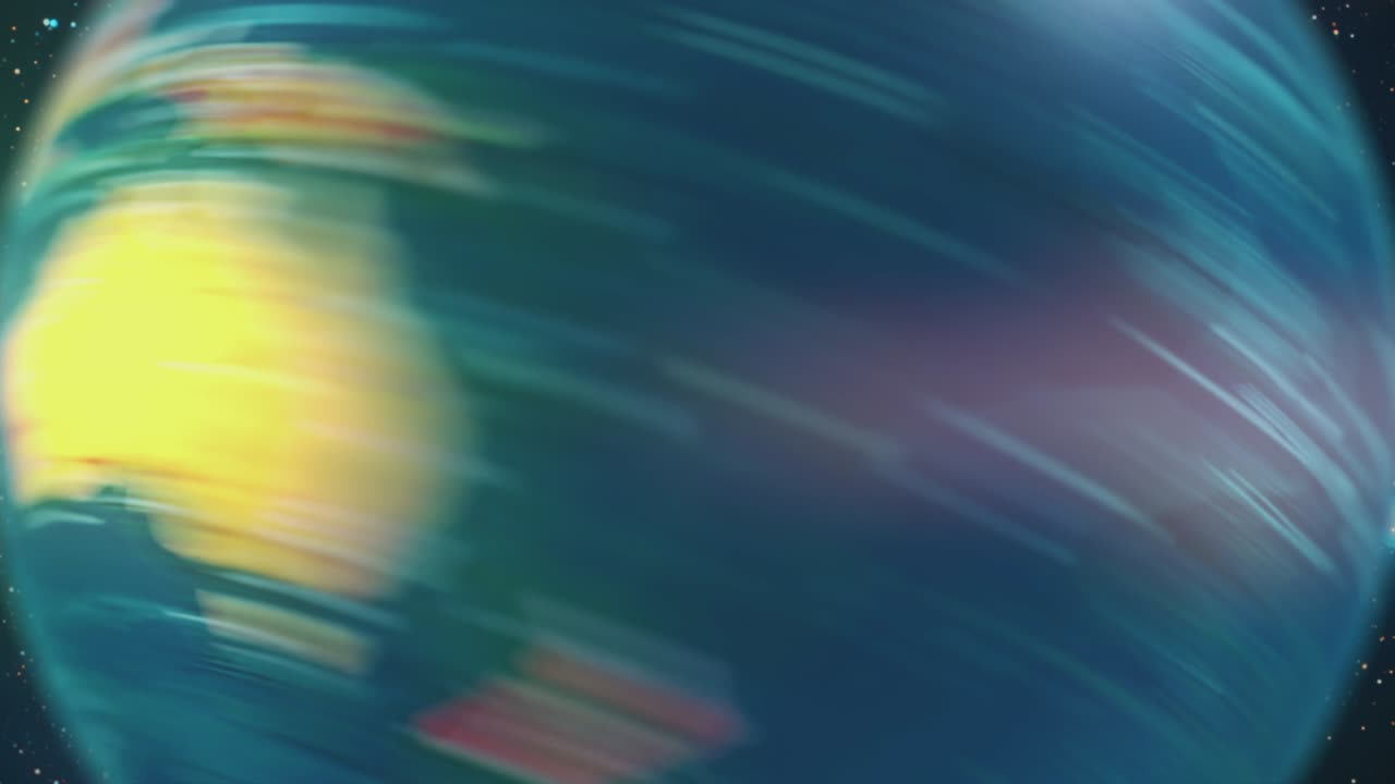 Fast rotating colorful glowing earth globe on starry background. Zoom in.