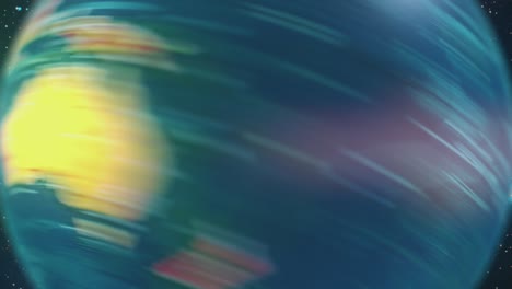 fast rotating colorful glowing earth globe on starry background. zoom in.