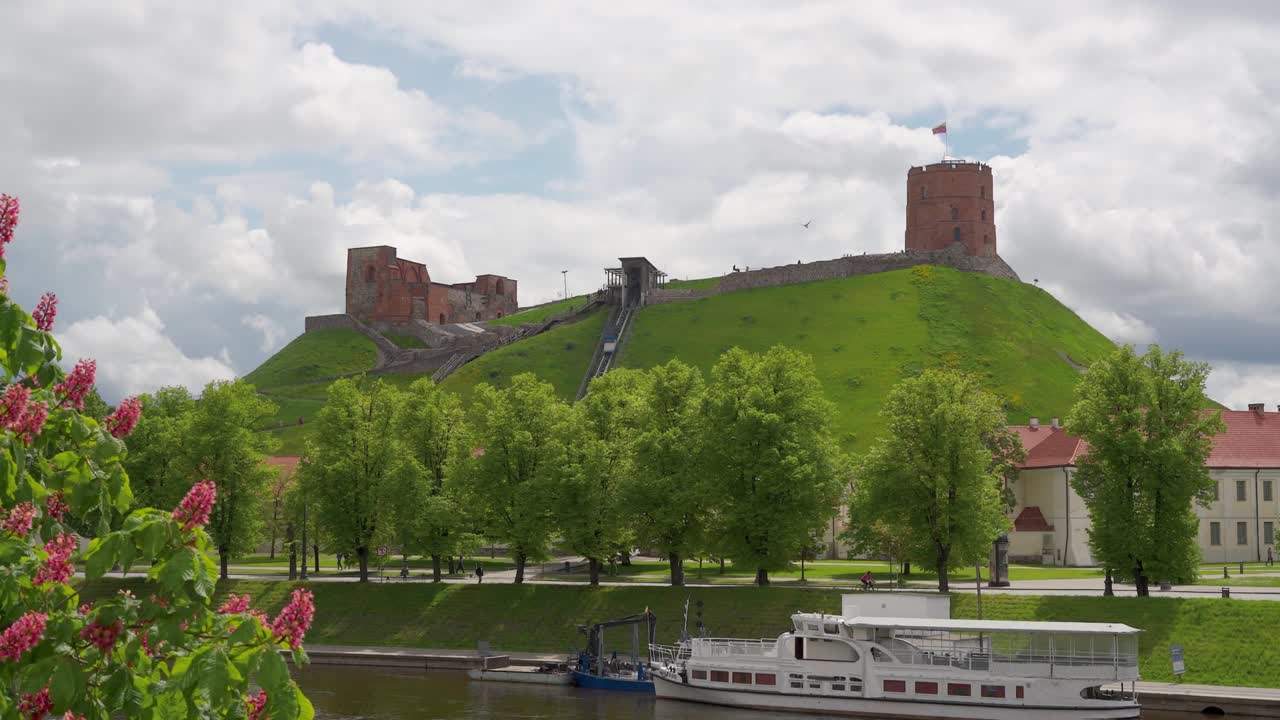 Vilnius, Lithuania – 29 May 2022. Panoramic view of the riverside and Gediminas Tower