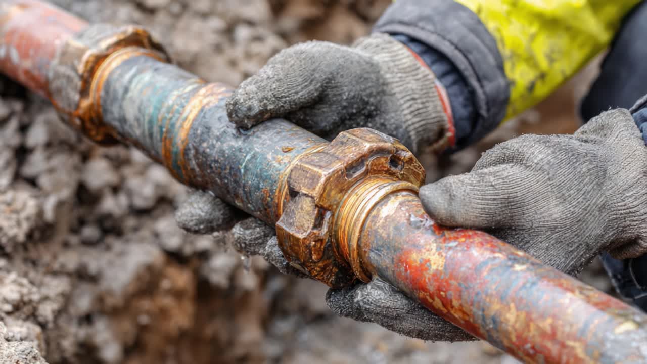 Inspecting a Rusty Pipe Connection: A Close-Up on the Repair Process in an Excavated Environment with Hand Tools and Worker Safety Gear