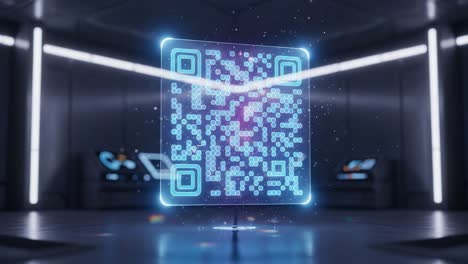 a futuristic digital environment featuring a glowing qr code displayed in three-dimensional space, signifying advanced technology and interactivity