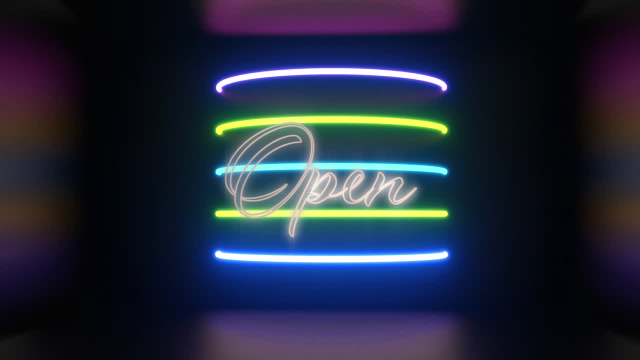 Animation of open over neon lights on black background