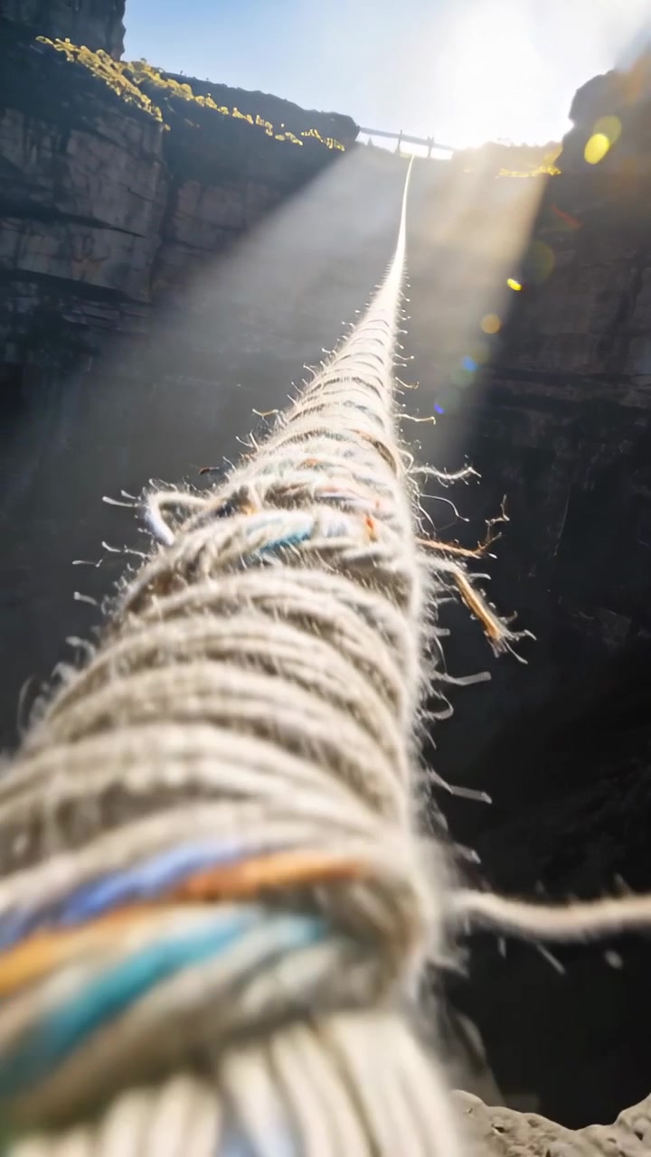 Video verticale: Raggi di sole che filtrano, la telecamera rivela una spessa corda che sale in un baratro verso una tavola.