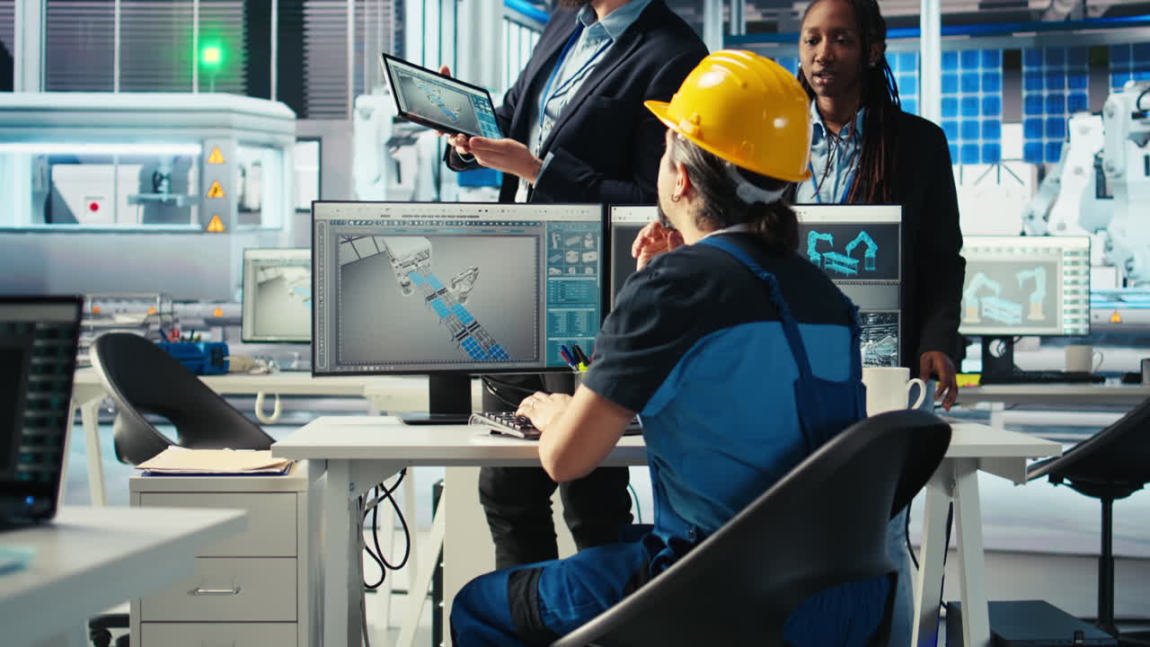 squadra di gestori di impianti di pannelli solari e ingegneri che discutono