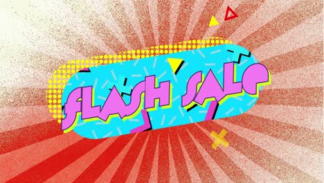 Flash-Sale-Grafik-Auf-Blauer-Kapselform-Und-Beweglichen-Elementen-Auf-Strahlendem,-Gestreiftem-Rotem-Hintergrundhintergrund