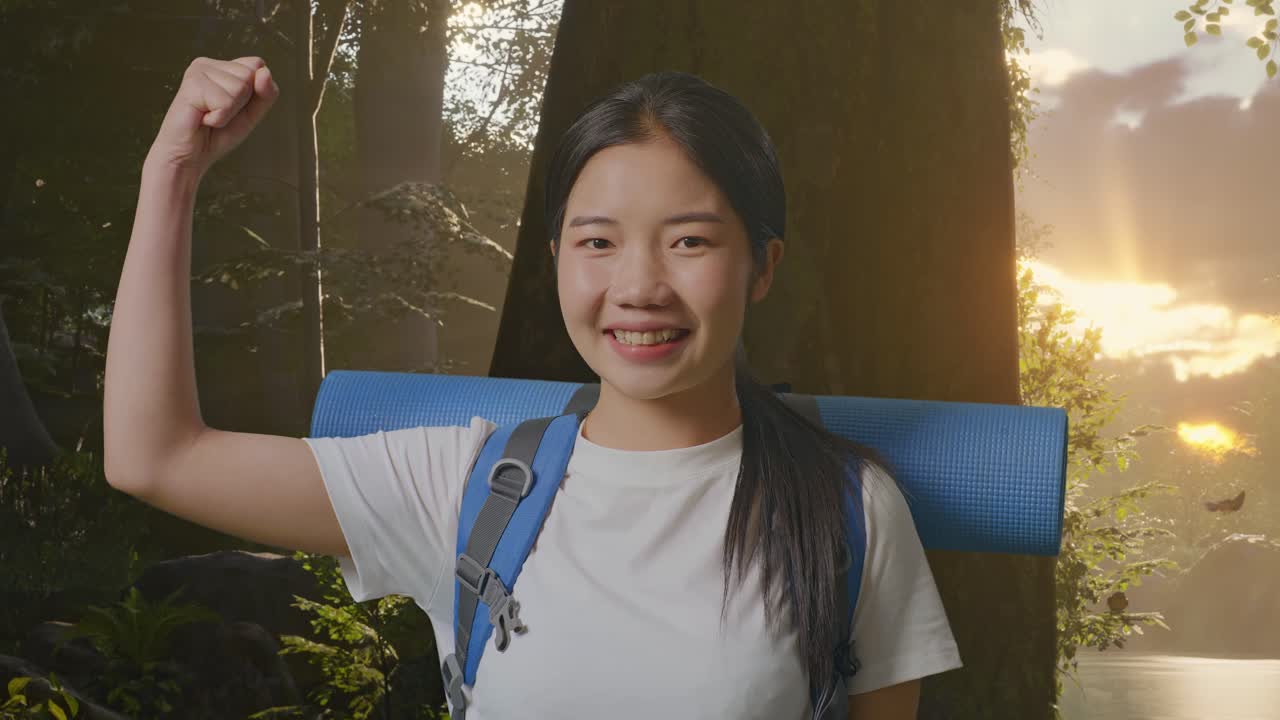 산악 배을 들고 있는 아시아 여성 하이커가 숲의 자연을 탐험하는 동안 미소 짓고 팔다리를 구부린다.