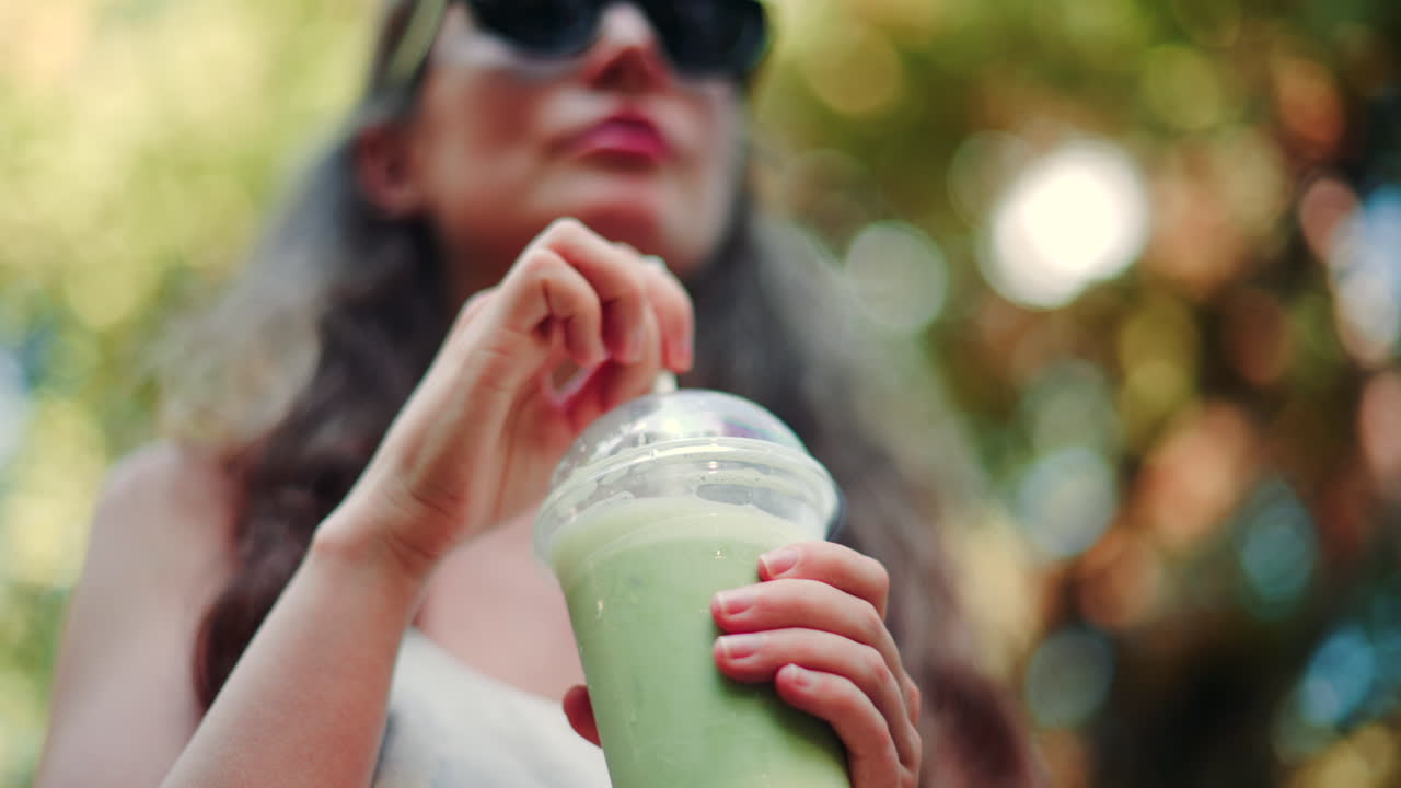 Close up of woman's hand holding an iced matcha latte outdoors