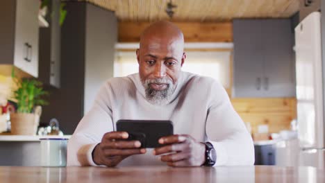 Happy-senior-african-american-man-in-log-cabin,-using-smartphone-for-video-call,-slow-motion