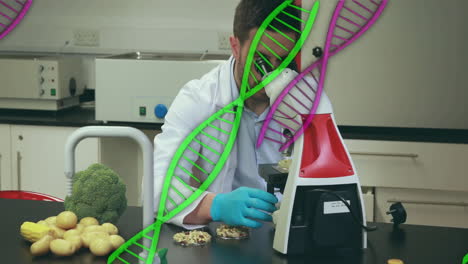 scientist using microscope with dna strands animation over laboratory setting