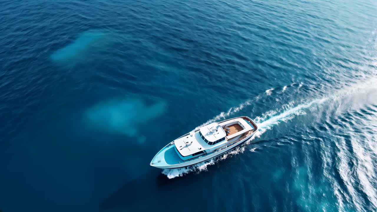 Aerial view of a luxury yacht cruising through deep blue waters, capturing a serene travel concept