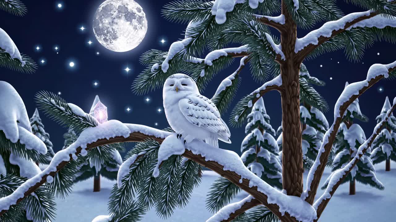 A snowy owl perched on a snow-covered branch under a full moon. The video captures a magical, serene