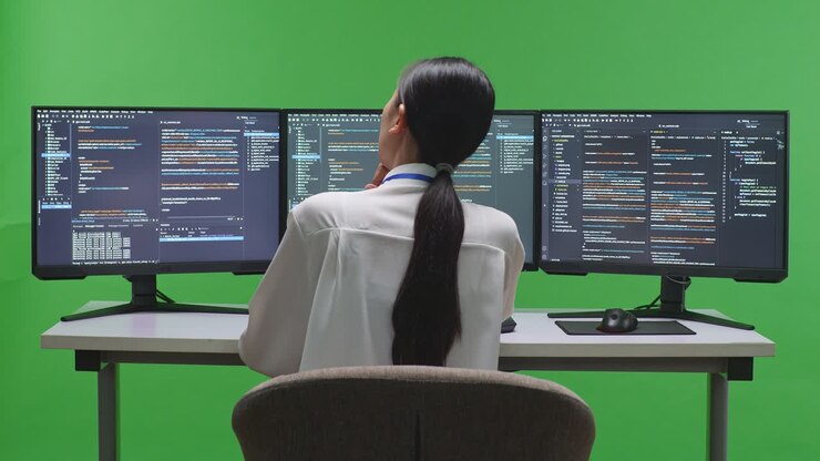 Woman Programmer Working on Multiple Computer Screens