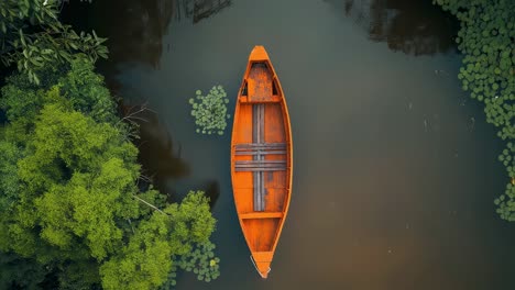 wooden orange boat drifting peacefully on glassy lake, nestled amid verdant shoreline vegetation, swaying gently with soft water movements