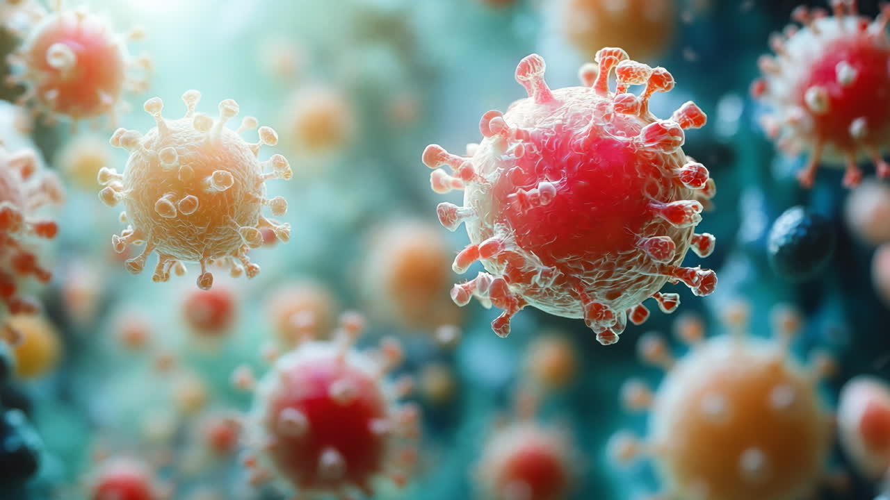 A close up of a bunch of red and yellow viruses. The viruses are in different sizes and are scattered throughout the image. Scene is somewhat ominous and foreboding