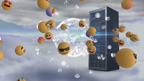 múltiples emojis de cara sobre el globo de la red de conexiones y servidor de computadora contra nubes en el cielo