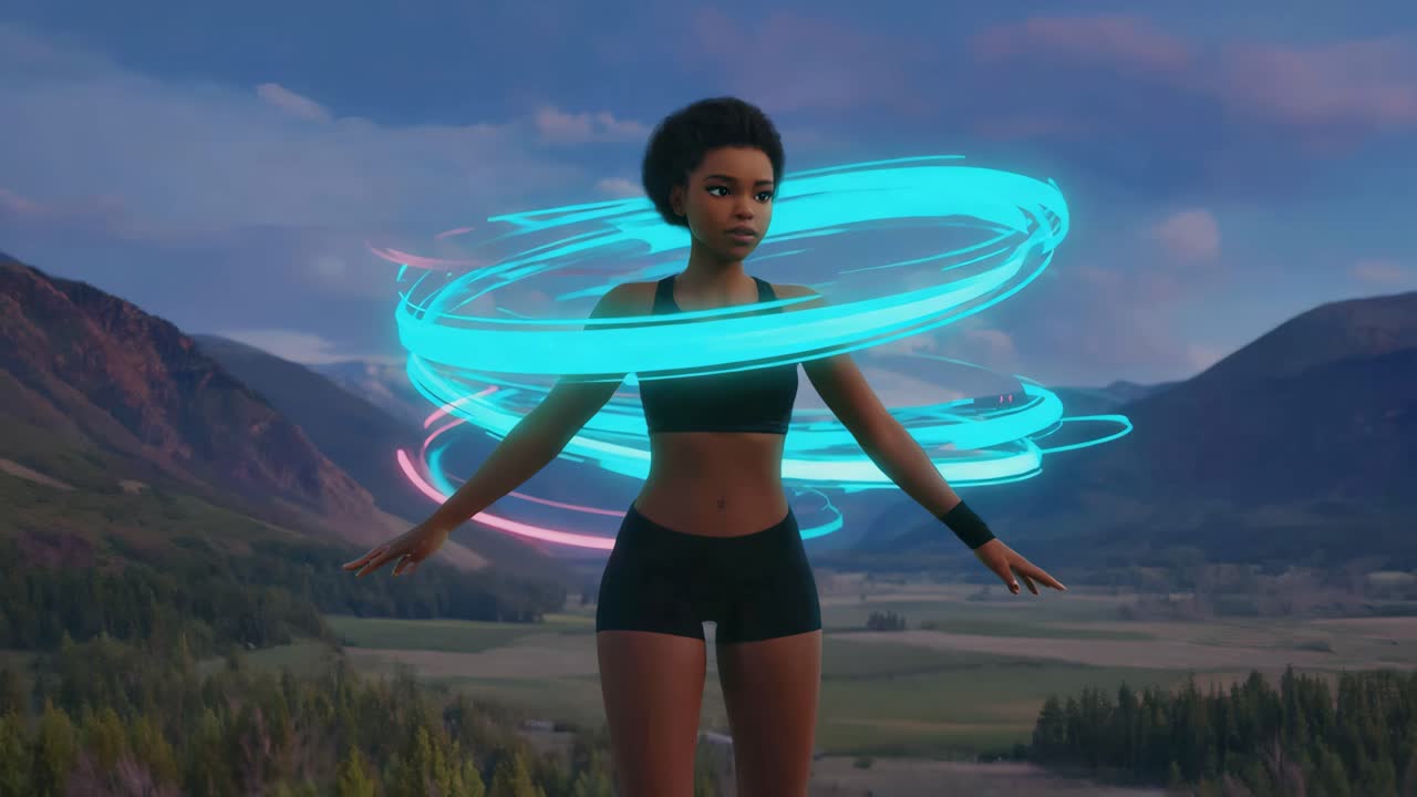 Animated Woman with Neon Hoops Exercising