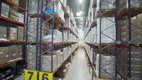 warehouse interior with high shelves full of goods