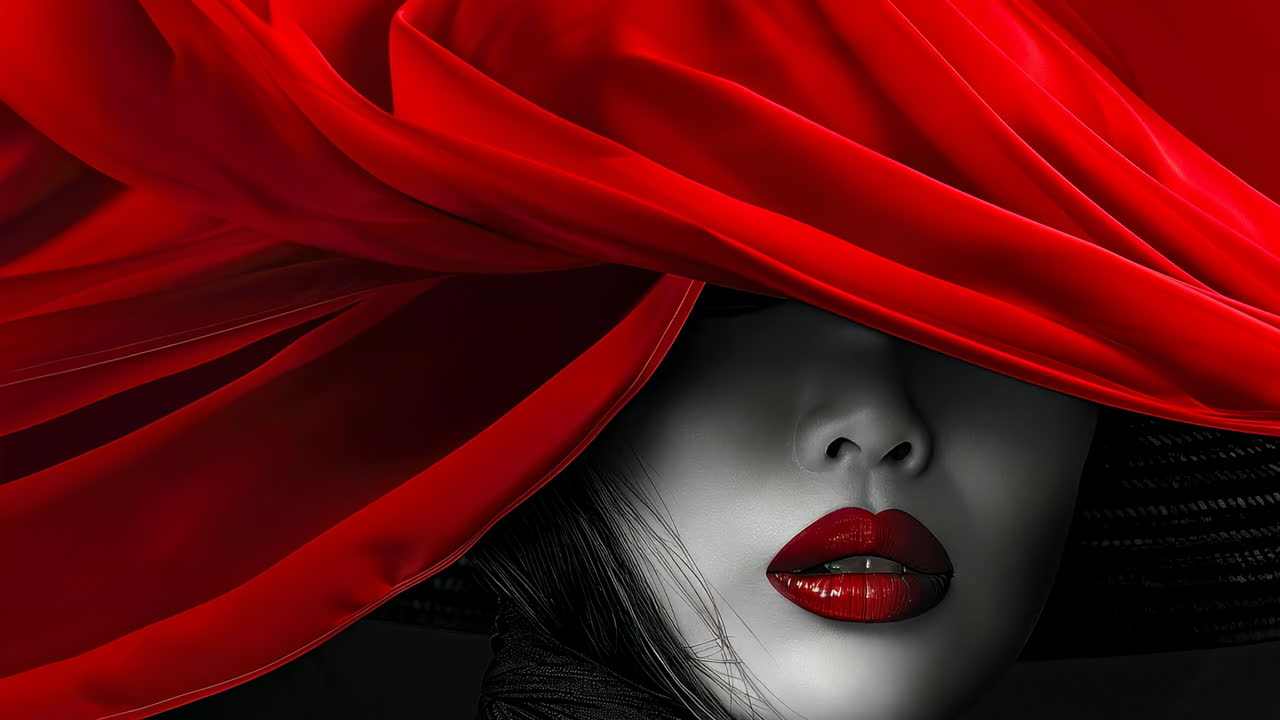 Moda ousada em vermelho em um retrato. Uma modelo posa com um chapéu vermelho dramático, com lábios escuros, criando um contraste cativante e uma vibe misteriosa