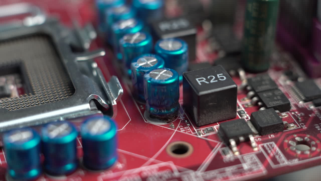 Computer Motherboard Marco Close Up. Electronic Components and Sockets