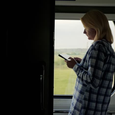 Una-Mujer-Usa-Una-Tableta-En-El-Vagón-Del-Tren