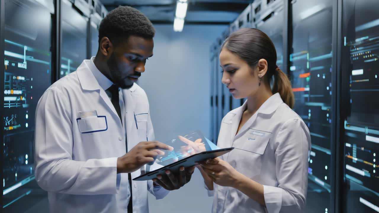 Professionals Analyzing Data in a Futuristic Data Center