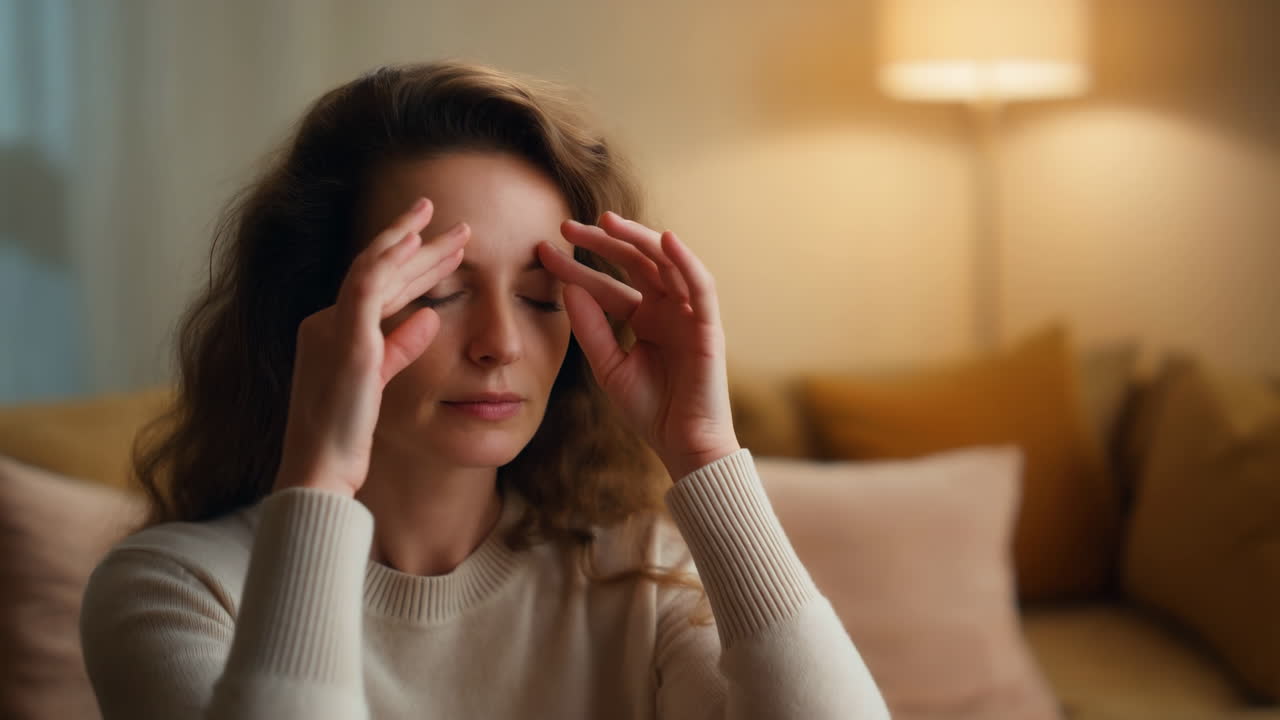 Giovane donna che soffre di mal di testa e stress a casa