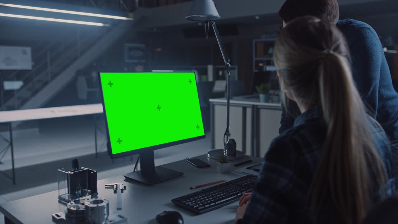 ingeniero trabajando en una computadora de escritorio, pantalla que muestra una pantalla de maqueta verde, su gerente de proyecto masculino explica los detalles del proyecto. oficina de instalaciones de ingeniería de diseño industrial