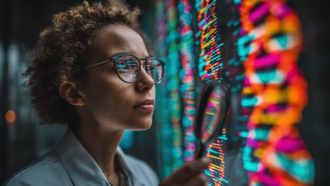 An Investigative Analysis into Genetic Structures: A Close-Up of a Researcher Using a Magnifying Glass to Study Vibrant Double Helix Patterns in a Modern Laboratory Setting