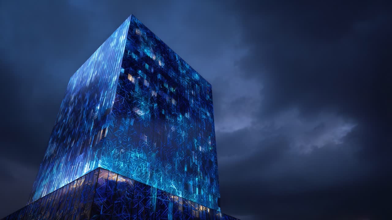 A Striking Architectural Marvel: A Tall, Illuminated Blue Cube Structure Against a Dramatic Evening Sky, Showcasing Unique Lighting Patterns and Bold Design Elements That Captivate the Viewer