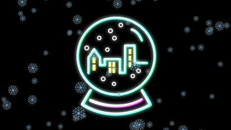 animation od snow falling over neon christmas decoration on black background