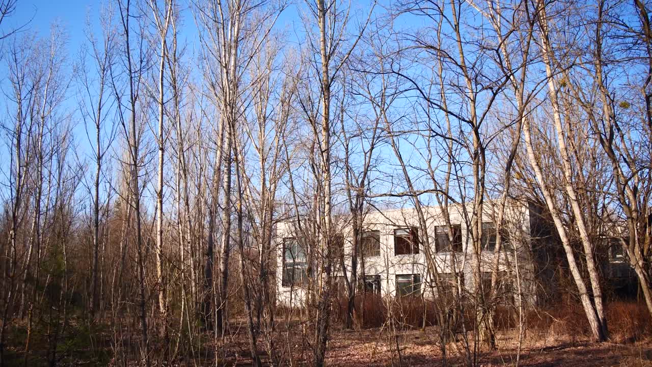 Dilapidated abandoned concrete building behind brown winter trees, Pripyat Chernobyl