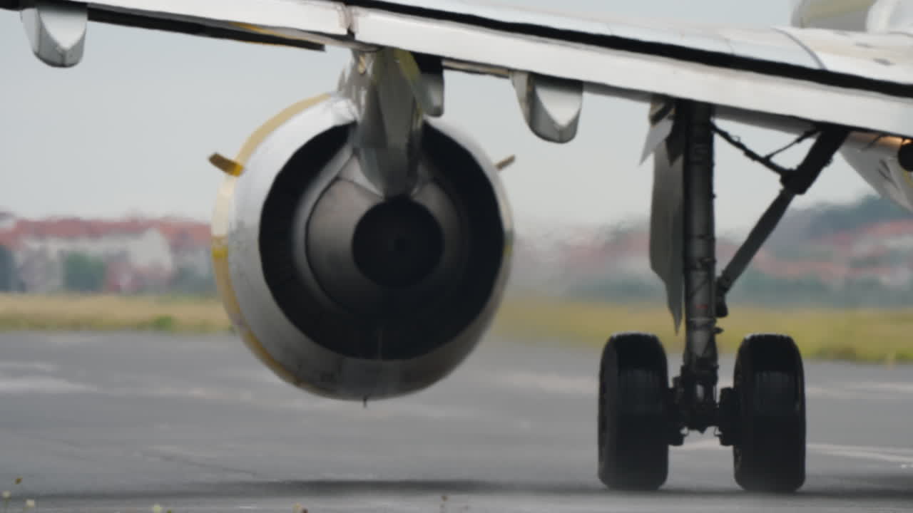 Close-up view of aircraft engine and landing gear on runway, everything is ready for take off