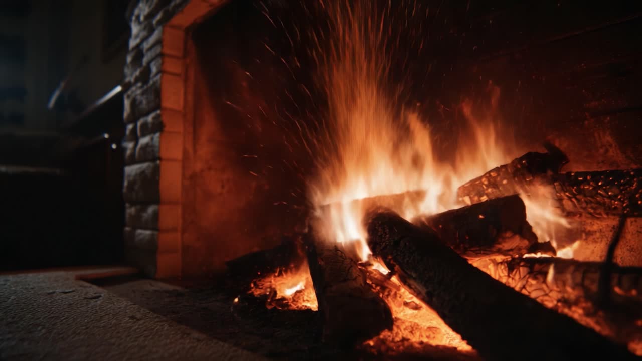 Captivating Flames Dance Within the Hearth, Illuminating the Room with Warmth and Comfort as Glowing Embers Sparkle and Flicker in a Cozy Atmosphere