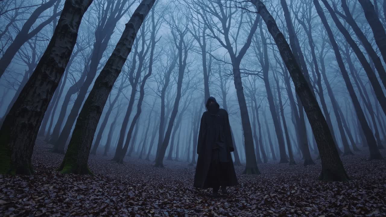 Eerie forest scene with towering trees, captured from a low-angle