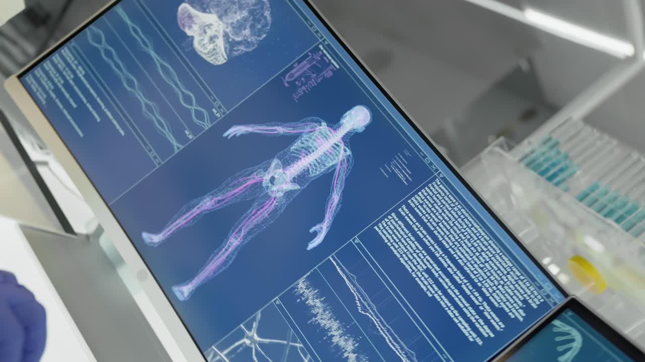 人間の骨格を研究する科学者。コンピュータ画面上の詳細なモデル。損傷を探しています。未来的な研究室での研究、縦型ビデオ。