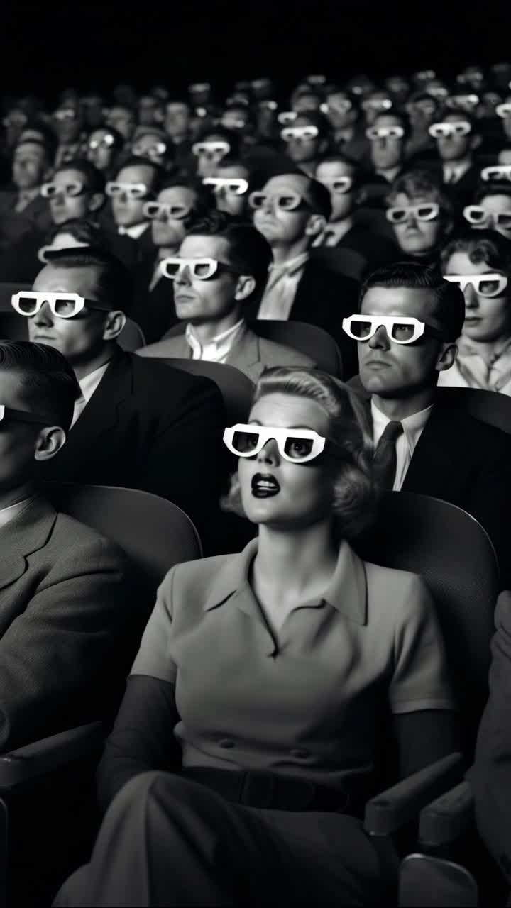 Black and white vintage style photo of an audience wearing 3D glasses, captured from a front angle