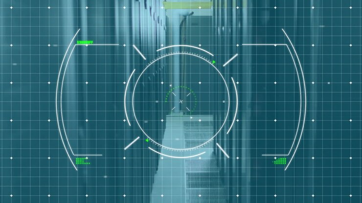 Animazione di scansione di un mirino su una rete a griglia su sfondo di una sala server