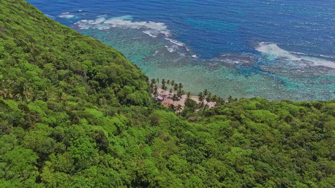 Vista de drone da Praia Frontón em Las Galeras, Samaná, República Dominicana, com o drone descendo em voo rasante.