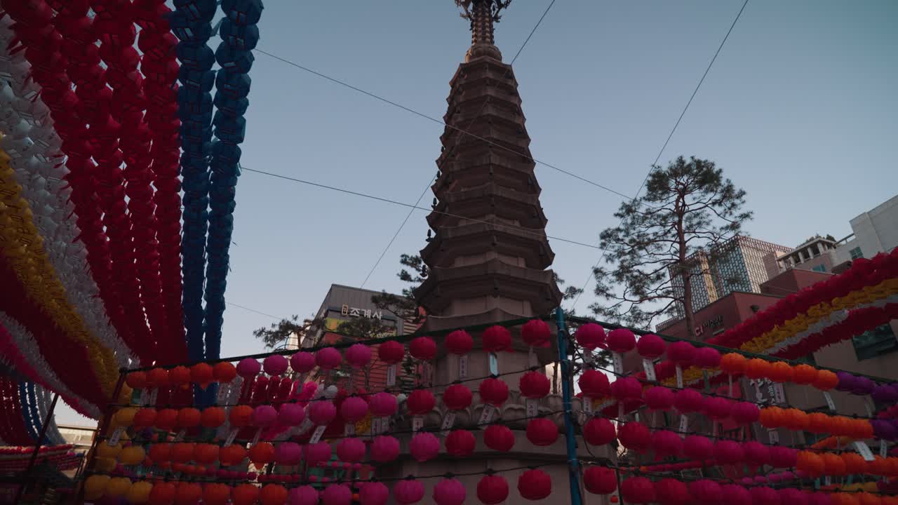 Farverige lanterner pynter en traditionel pagode ved et koreansk tempel
