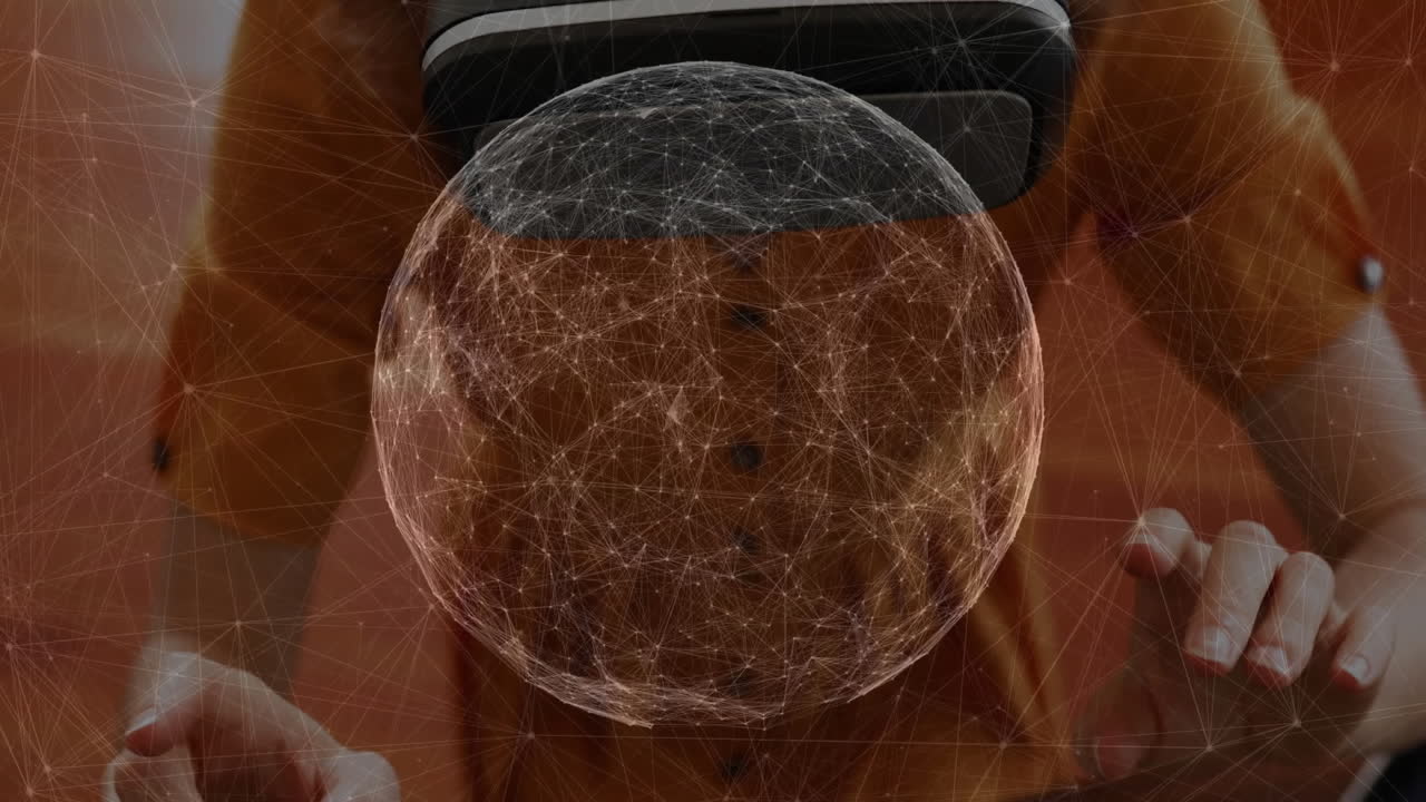 woman wearing VR headset manipulating holographic tech network sphere with glowing nodes and lines