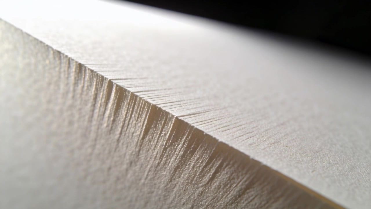 Shifting camera focusing along diagonal torn paper edge on tabletop, revealing fibrous fringe