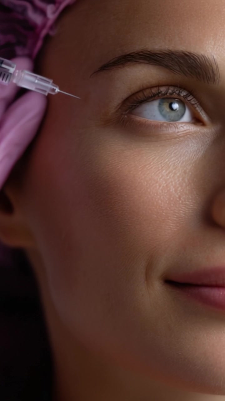 Primo piano di una donna che si prepara per una procedura estetica di miglioramento facciale con una siringa in un ambiente clinico focalizzato su bellezza e cura