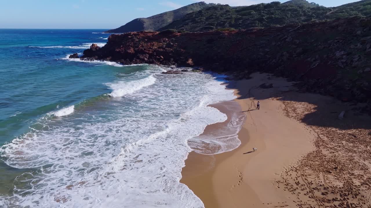 perro corriendo por la playa durante la marea alta en menorca españa