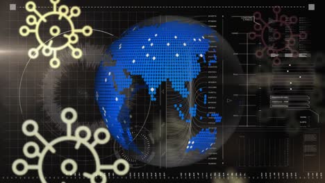 Animación-Del-Globo-Girando-Sobre-Células-Covid-Y-Procesamiento-De-Datos-En-La-Interfaz