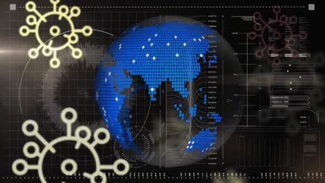 animation of globe rotating over covid cells and data processing on interface