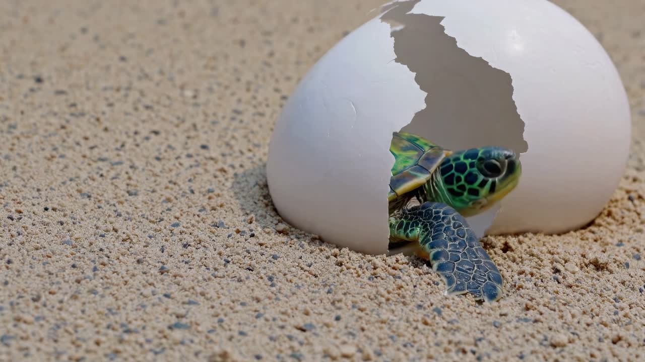 Baby Sea Turtle Hatching from Egg on Beach