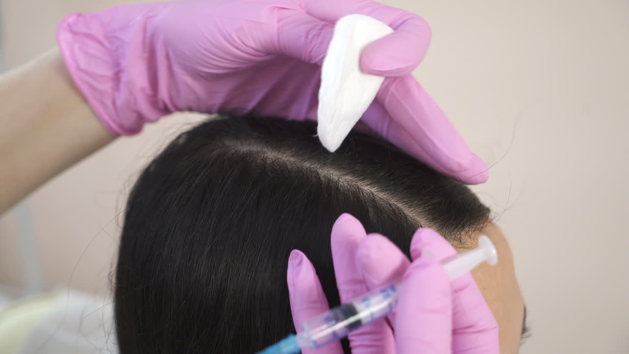Needle mesotherapy. Cosmetic been injected in woman's head. Thrust to strengthen hair and their growth
