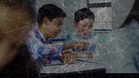 animation of network of connections over schoolchildren in classroom