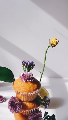 stacked lemon cupcakes with flowers